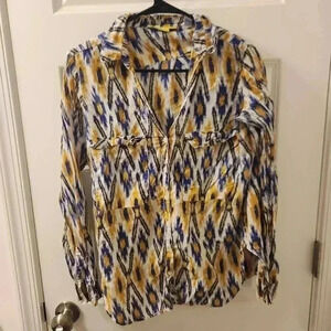 Roberta Roller Rabbit Button-Up Shirt Geometric Print Multi Blue and Yellow Med